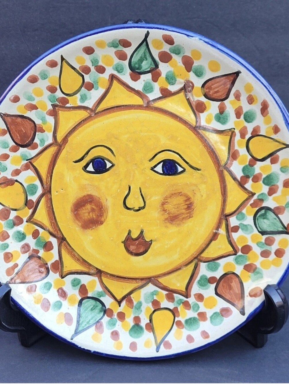 Hand-Painted Decorative Mexican Sun Colored Rays Wall Plate #4 Glaze Skips